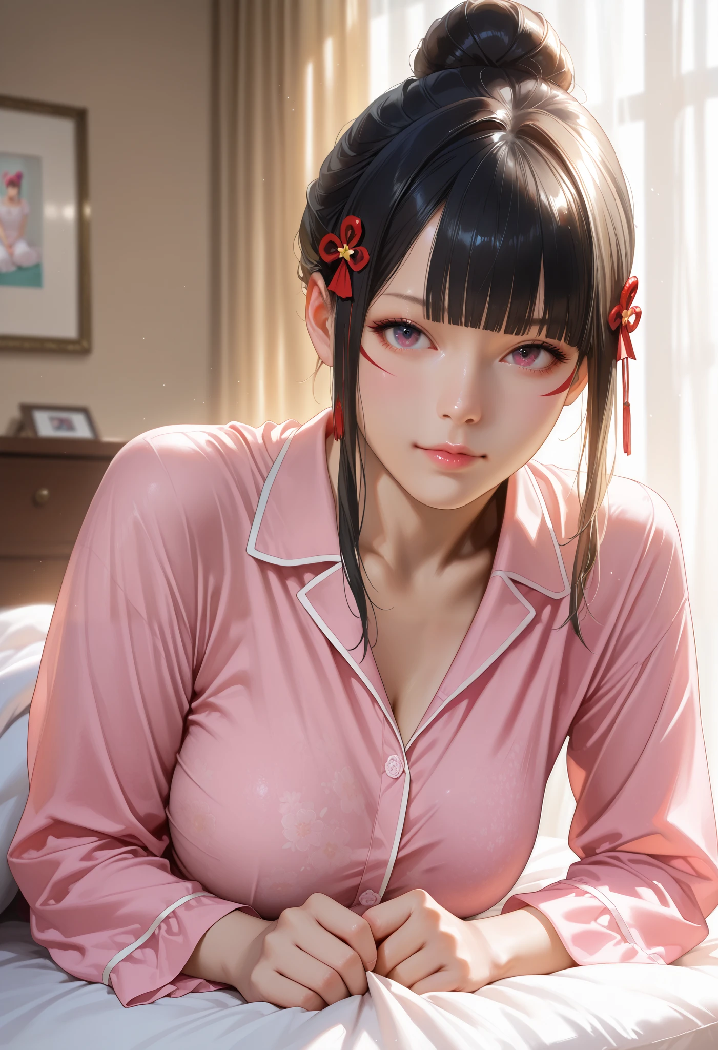 bright look、photorealism、highest quality、Super high resolution、picture extraordinary beautiful girl cute and beautiful face detail、、beautiful bangs shining white skin
TKNKZMI, (best quality,highres:1.2), (realistic:1.37), HDR,UHD,studio lighting,extremely detailed,professional,vivid, bed invitation, portraits,warm toned lighting beautiful woman face, beautiful eyes, black hair, blunt bangs, eye shadow, sidelocks, hair ornament, hair bun, pajamas, bedroom,