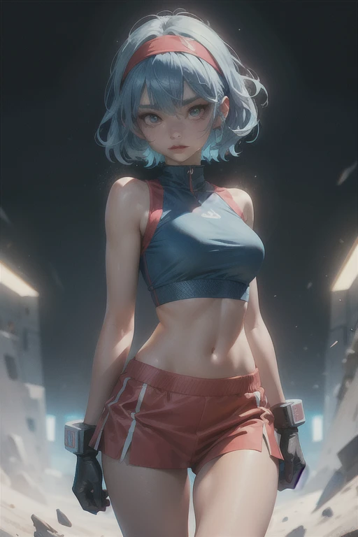 girl Evangelion Rei Ayanami training bodybuilding. Well defined body, Fitness. Shorts and shitless. Sweat, wet clothes. Boxing, hitting a punching bag.