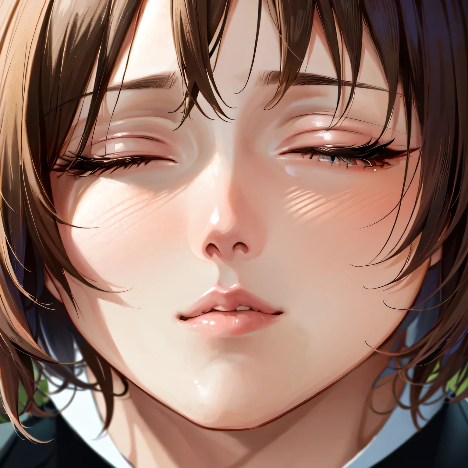 semirealistic, pov, slightly from below,  1girl, av actress:, Sexy woman, obscene:1.2, short hair, close up face,  almost closed eyes, incomming kiss, white breath, Full lips, Dynamic Range:1.5, face at full-screen:1.3 (extremely detailed, masterpiece, high resolution, absurdres,4K) 
