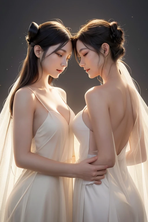 masterpiece, 1 beautiful girl, fine grain, Swollen eyes, highest quality, Ultra High resolution, (reality: 1.4), Cinema Lighting, Japanese, Asian Beauty, Korean, so beautiful, Beautiful Skin, thin, Body facing forward, (Ultra-realistic), (High resolution), (8k), (Very detailed), ( Best illustrations), (Beautiful and detailed), (Very detailed), (wallpaper), Detailed face, Bright lighting, Professional Lighting, View your audience, Look straight ahead, White Dress, 46 point diagonal bangs, Black background、Off-the-shoulder dress 1.5、Lace fabric、Transparency、Transparency、(((Two Women)))、(((抱き合うTwo Women1.5)))、(((They are twin sisters..5)))、Kiss pose、Intermediate photoiddleweight Photos