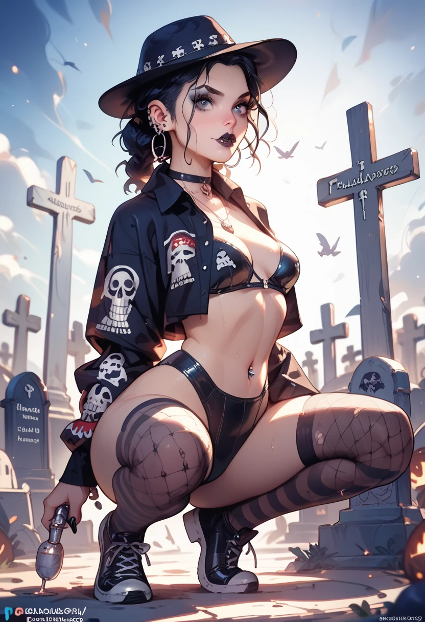 (Bishoujo:1.2), (goth), short woman, (short cropped black hair with bangs), (pale skin:1.2), (slim), (small perky wet breasts:1.3), (makeup), (wearing lacy black panties:1.2), (in cemetery:1.2), (hourglass frame), (very wide hips:1.3), (detailed face and eyes:1.2), (sweaty), (covered in large tattoos:1.3), (thigh high stockings) (exposed body).