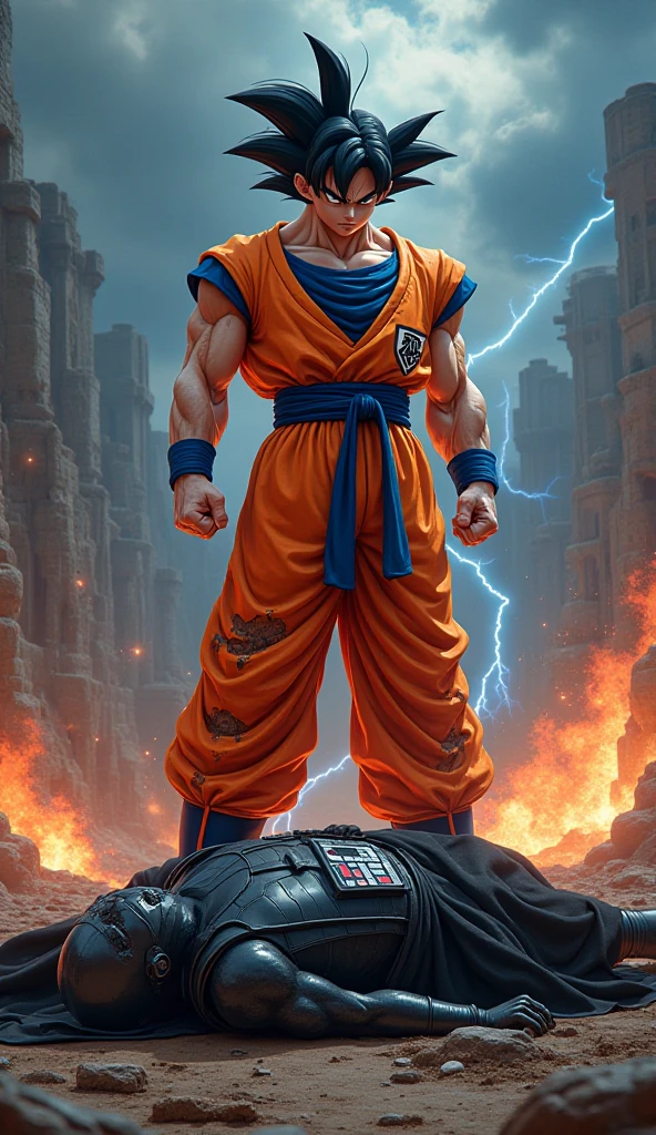 Jair Bolsonaro using goku clothes,holding genki dama,realistic,scene ruins