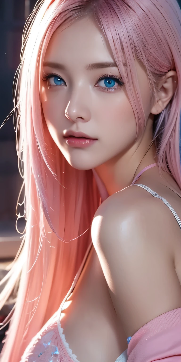portraits , Practical, blue eyes, Pink Platinum Hair, Big Breasts, 4K resolution , High Quality CG, Beautiful CG, Soft light ,