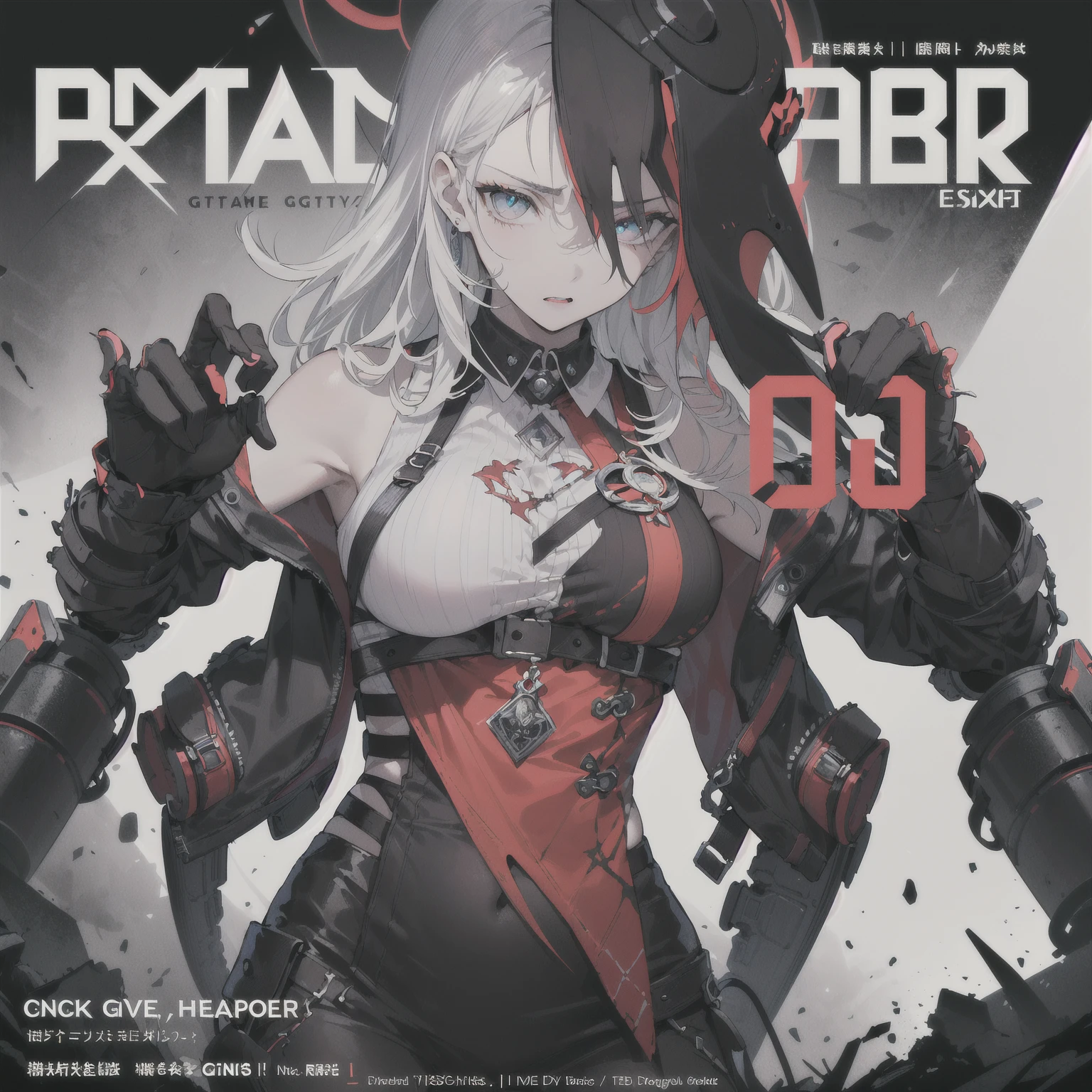 ,1girl,(teen:1.5), (short_ponytail:1.3), (light_whitish_purple_hair:1.3),black_mechanical_armor,white_breasts_parts_red_black_body_suit,bare_shoulder,bare_slender_thighs,medium_breasts,city_background,Stinging_eyes,sleepy,thighhigh_greaves,gauntlets,dynamic_posing,bare_frank,metal_red_parts_armor,red_eye,solo,
fists,hold_weapon,glare,navel,large_mechanical_parts,happy,waist_armor,open_mouth,rise_legs,apart_legs, (covered_navel:1.3),(very_long_bangs:1.3), (hair_over_one_eye:1.5),(long_bang_covers_right_half_of_face:1.5),
(covered_pussy:1.1),covered_breasts,fighting,
