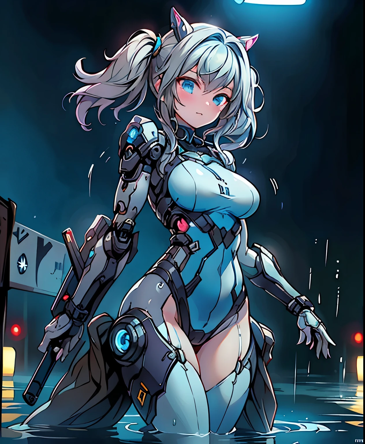 ( masterpiece、 top quality、 top quality、OFFICIAL ART、 beautiful and beautiful :1.2)、(one girl:1.3) ,、twin tails, beautiful breasts,Epic battles in futuristic cities illuminated by neon lights, Skilled warriors with futuristic weapons: Smart firearms with blue lighting circuits . The scene is full of dynamic action, Two women giving a loving hug using sparks , Three-dimensional billboard in the background. very detailed, super realistic style, Dramatically illuminated, Reflections of rain on the ground, Exquisite cyborg mods of characters. 4K resolution , cinematic composition, bright colors, cyberpunk aesthetics .