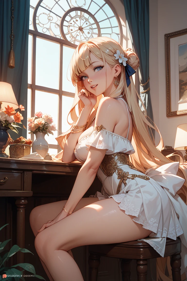 look up、flower hair ornament、masterpiece、Fluffy cat ears、goddess、Cream blonde color、pink inner color、blue eyes、highest quality、front、Upper body、big breasts