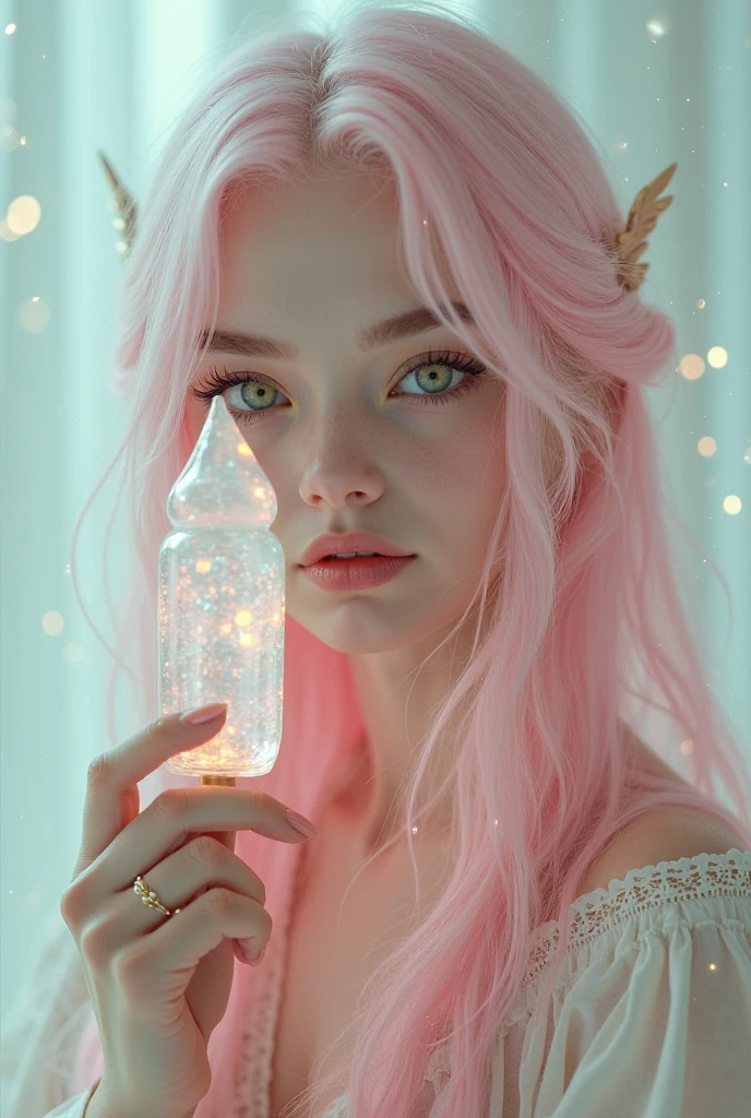 Gere uma arte de fantasia bonita e realista com tons ousados de joias ((((rosa)))) matizes, pretty glitter and brilhar, e muitos flocos de neve. Gerar uma mulher luminosa e com cabelos cacheados, metallic hair, e cabelo com textura realista. Her skin is pure white and seems to glow in the light.. A woman's face is important: incluir ((macio, inchado, labios grandes, recursos elegantes, and the most beautiful detalheed macro eyes)) no mundo. The woman is in a winter landscape with macio falling snow and snowflakes, macio white fur, subtle iridescent detalhes, subtle phantasmal iridescent detalhes, and intricate and delicate jewelry that brilhos in the light. Include many small fantasy detalhes like gossamer silk, Penas, bordado delicado e deslumbrante, and luminous lighting that brilhos. The woman's face is unobscured by detalhes and her eyes are sharp and in high resolution. Incorpore cores sonhadoras, lighting dinâmica, and detalheed background elements to create a sense of awe and immersion. Include colorful flying magical birds and jewel-toned butterflies radiating a magical aura. Consider the latest trends in fantasy art, como incorporar efeitos de lighting exclusivos, exploring dynamic and compelling compositional techniques, e experimentando paletas de cores exclusivas. Inspire-se nos principais artistas do ArtStation e Midjourney. camera: Choose an angle that highlights the beauty of the character and highlights the magical majesty of the artwork. lighting: Utilize técnicas de lighting atmosférica para criar profundidade e clima. resolution: Aim for a high-resolution artwork to showcase intricate detalhes and clarity. Artistic Inspirations: Find inspiration from trending artists on ArtStation, explorando diferentes estilos, genres, e temas. Pele branca, Pale skin, really Pale skin, really Pele branca, Olhos lindos, fantasy detalhes, brilhar, brilho, magical birds, Magical butterflies, ornamentado, (((obra de arte))), adicionar_detalhe:1, Terr