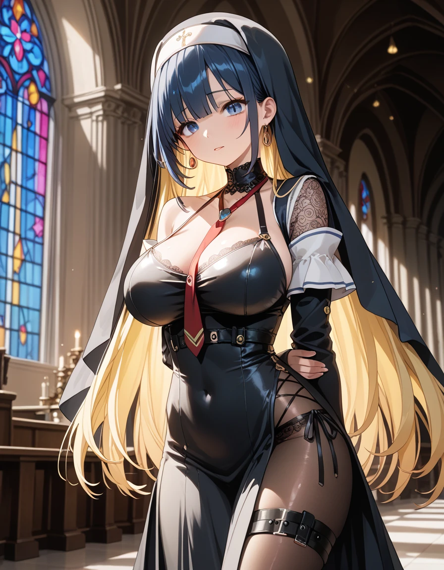 Highest quality、Brown eyes、thin、expensive、8k、girl, High resolution,Black Hair、Long Hair、naked、Nipples、church、Off the shoulder、Frills、Big Breasts