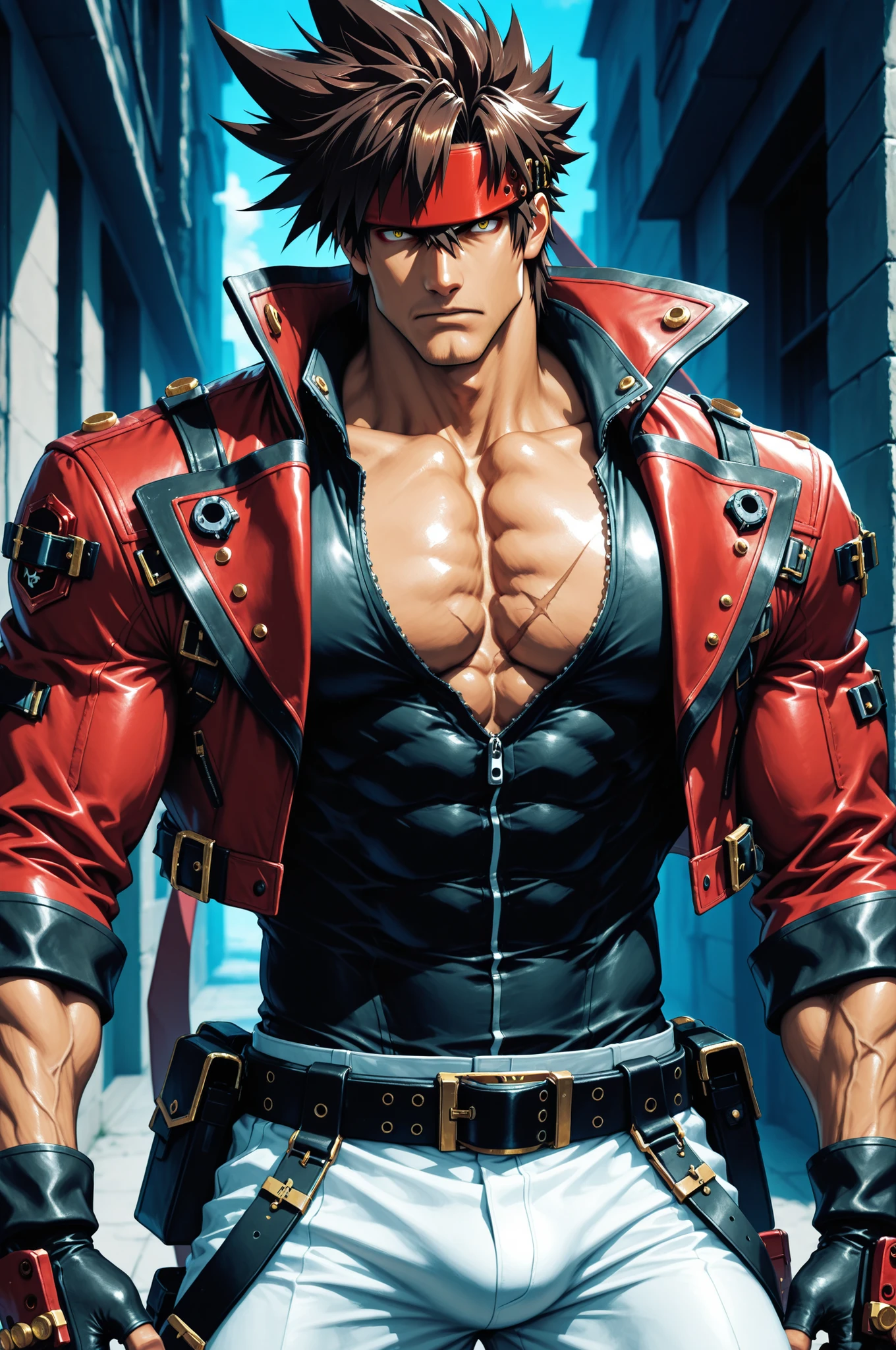 masterpiece, best quality, absurdres, newest, very aesthetic, amazing quality,highres, 1boy, male, Sol Badguy, brown hair, gold eyes, black vest, red jacket, belt, headband,ultra-detailed, intricate details 