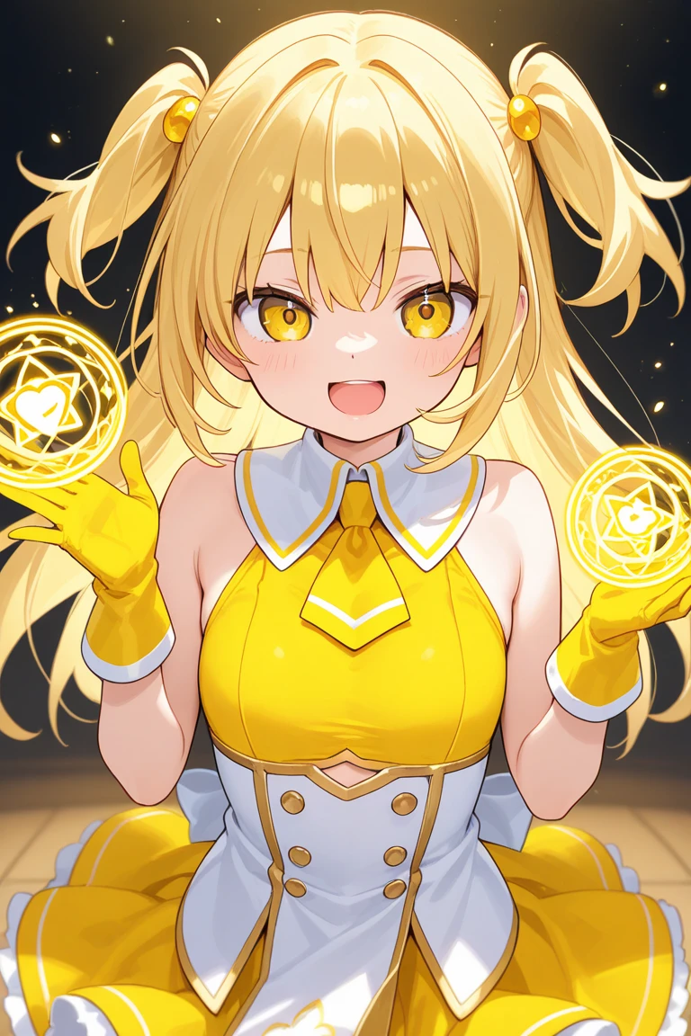 1baby loli anime girl, portrait, loli anime girl with short yellow hair wearing maid outfit, yellow hair, green emelard eyes, close up face, detailed eyes, detailed hair, emotional lovely happy expression, crystal glowing eyes, cinematic lighting, extremely detailed body, face, clothes, (best quality,4k,8k,highres,masterpiece:1.2),ultra HD, masterpiece, very very anime style, bokeh, starry shining lighting, original characters