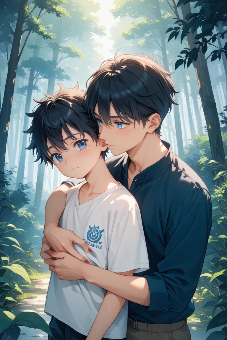 masterpiece, best quality, cute, 2 boy, on the lap, black hair 1 character, close eyes,. No clothes. Boy behind the first strong, dark boy. First boy on lap black hair and closed eyes. Second boy with his phallus between the legs on the other side which are open. White and red liquid between lap boy's thighs . Second strong muscular boy, big, tall, strong, big arms and dark. Front perspective. Naked. Second boy Behind the boy on the lap, with open yellow eyes and a twisted smile and a blushing face. First boy still with his eyes closed and a trail of tears.