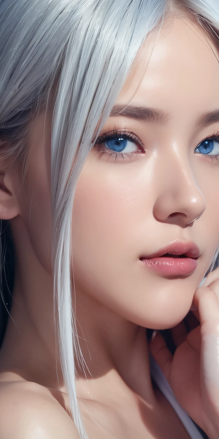 portraits , Practical, blue eyes, white platinum hair, Big Breasts, 4K resolution , High Quality CG, Beautiful CG, Soft light ,