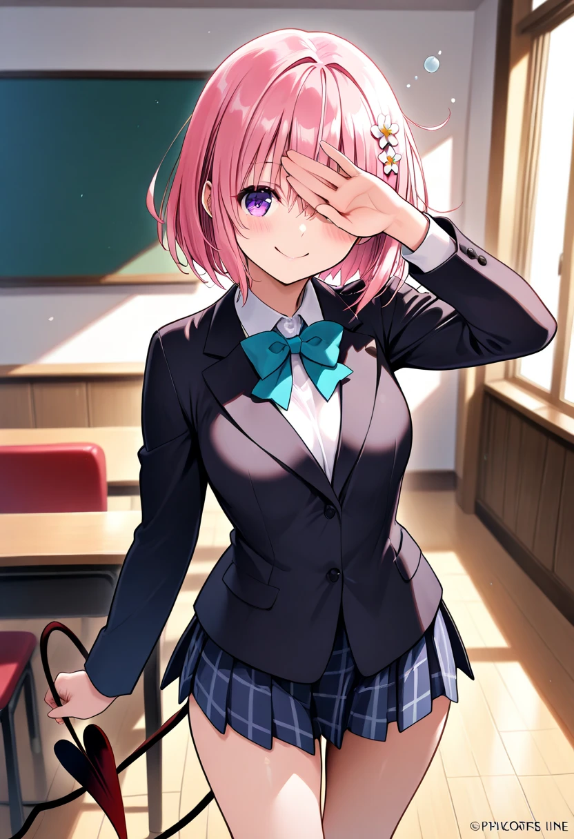 masterpiece, Highest quality, High resolution,(throw_hand grabbing chest),,One girl, One boy,Age difference,bow tie,Blonde,chest,Long Hair,Pink Hair,pleated skirt,Tucked in shirt,short hair,skirt,smile,Tent shirt,amusement_garden