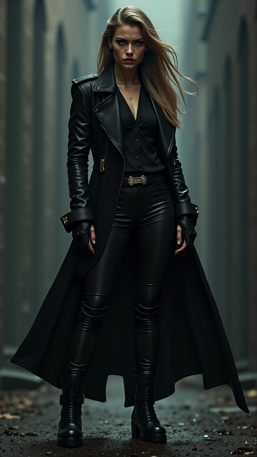 full body shot in photorealistic style, girl, sexy beautiful perfect shape, long blond hair, blue eyes, red lips, black leather pants and black leather jacket, standing in dark night gloomy alley, face lit by street lamp, background dark twilight, gloomy scary mood, perfect makeup,