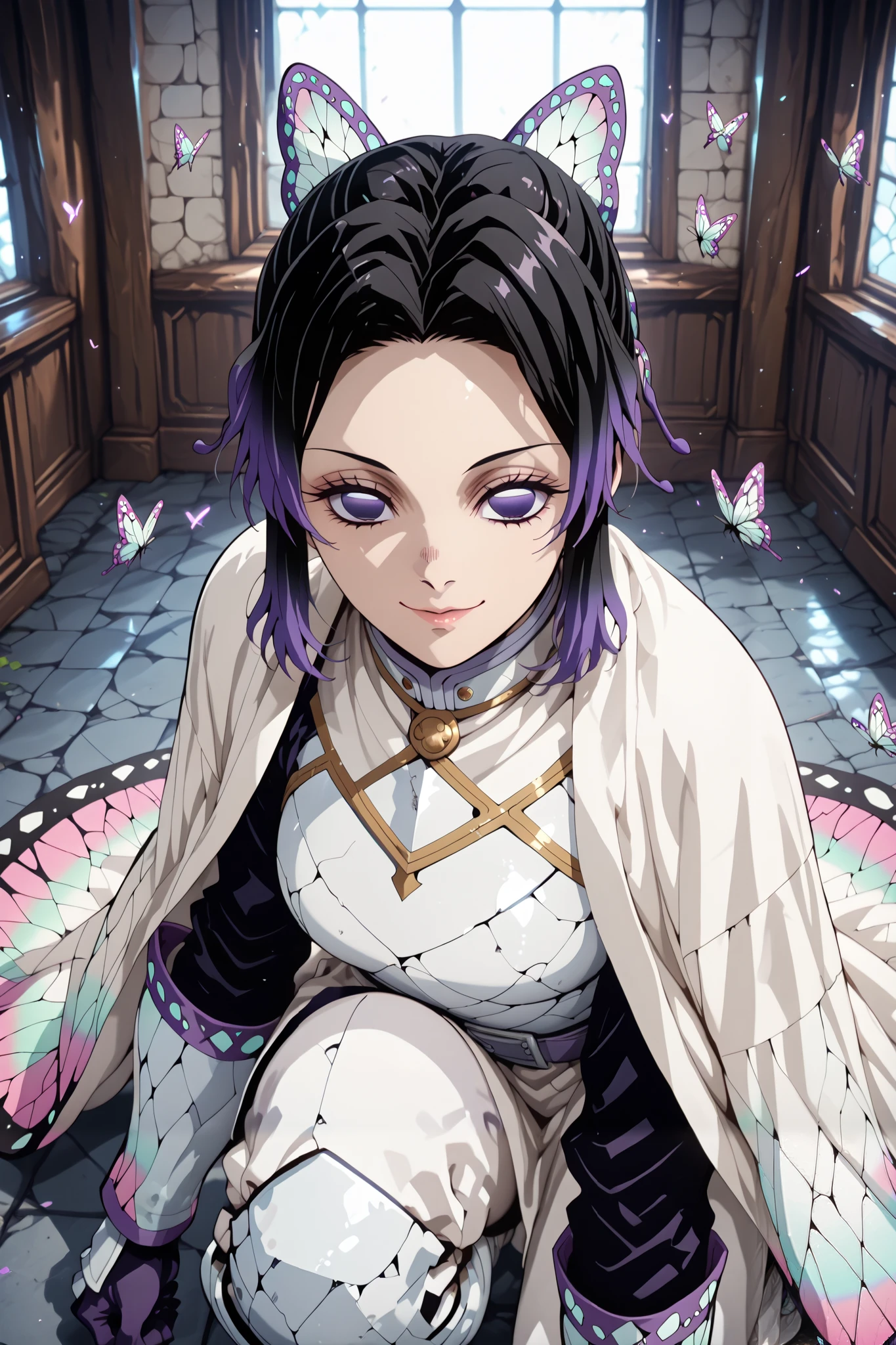 score_9, score_8_up, score_7_up, score_6_up, source_Sousou No Frieren, highly detailed eyes, perfect eyes:1.1,
top quality, details, latest, AI-generated, Ultra High Definition, overhead shot, Alone, 20 years old,
curvilinear, anatomically correct, detailsな肌, on one knee, put one hand chest,
(fshiNobu kochou, black hair, butterfly, butterfly hair ornament, forehead, gradient hair, hair ornament, white armor, multicolored hair, parted bangs, purple hair, short hair, two-tone hair), white robe, No sleeves,
(determined:0.8), smile, light shines in ,
Medieval church, close mouth, (watching viewers:1.2), Kimetsu_No_Yaiba_style, hkstyle,