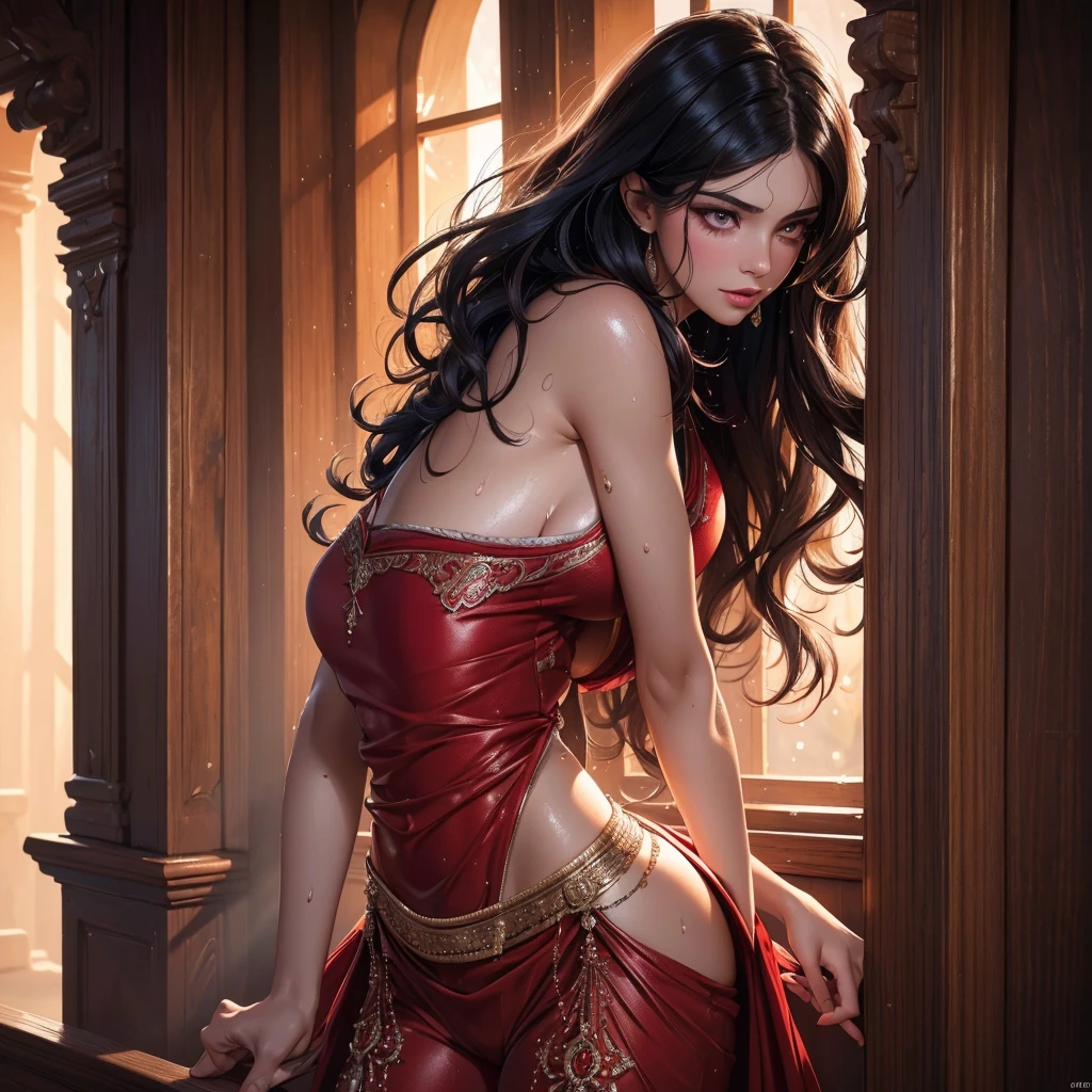 arafed woman in a red lingerie sitting on a stone floor, beautiful succubus, succubus | medieval, succubus, vampire girl, beautiful elegant demon queen, beautiful vampire queen, female vampire, gothic fantasy art, dark fantasy style art, dark fantasy horror art, dark fantasy art, deviantart artstation cgscosiety, succubus in tight short dress