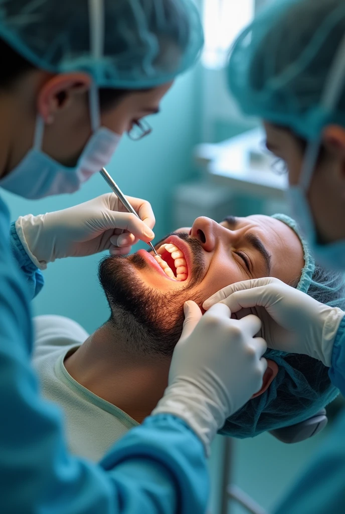 Homme dentiste avec des gants en t shirt qui couvre la bouche de son patient avec sa main 