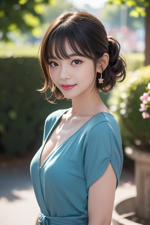 Create an image of a young woman named Tomo-chan in a summer setting. She is wearing a white sleeveless dress with light blue floral patterns. The dress is made of lightweight chiffon material and has a ribbon at the waist, highlighting her slender silhouette. Her hair is loosely curled and falls to her shoulders, framing her face gently. She is wearing simple gold earrings and a light pink lip gloss, adding to her fresh and feminine appearance. Focus on her beautiful upper arms, which are slender and toned, with smooth, glowing skin. Her arms move gracefully, and the sunlight makes the fine hairs on her arms sparkle. Capture her elegance and charm in this summery setting.
