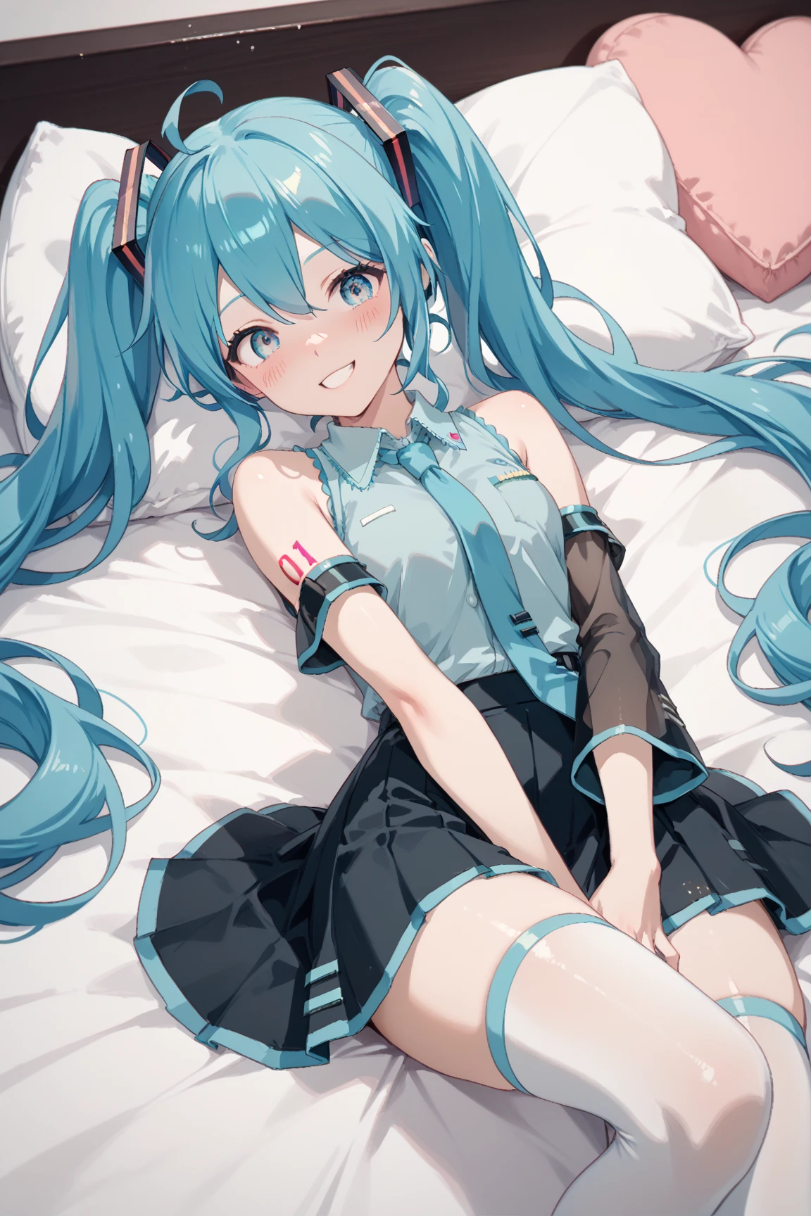 (masterpiece:1.4、Highest quality、shape:1.4,Realistic、)、(One Girl),(Clear Face:1.3),(Miku hatume),Cute face,blue eyes、(Big eyes)、
,(stand:1.4),(A radiant smile),
,(thin),(),
(Fluorescent light green long hair:1.6,,),(Twin tails), (Small breasts:1.3)、
、thin、Hatsune_Miku_Blue Archive、Sexy pose、Sailor suit、、uniform、bed、Bedroom、Are sleeping、Thighs