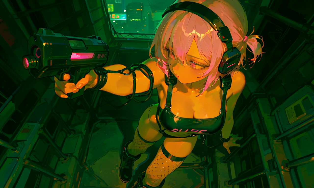 Naked figting kicking with augmented ctbernetic blades mounted to her cybernetics arms front showing vagina COVERED IN BLOOD uwu cyberpunk augmented cyber neon green hair sweating girl witch cyber arms with mounted razor sharp blades covered in blood with some cut wounds holding a guns night neon city background