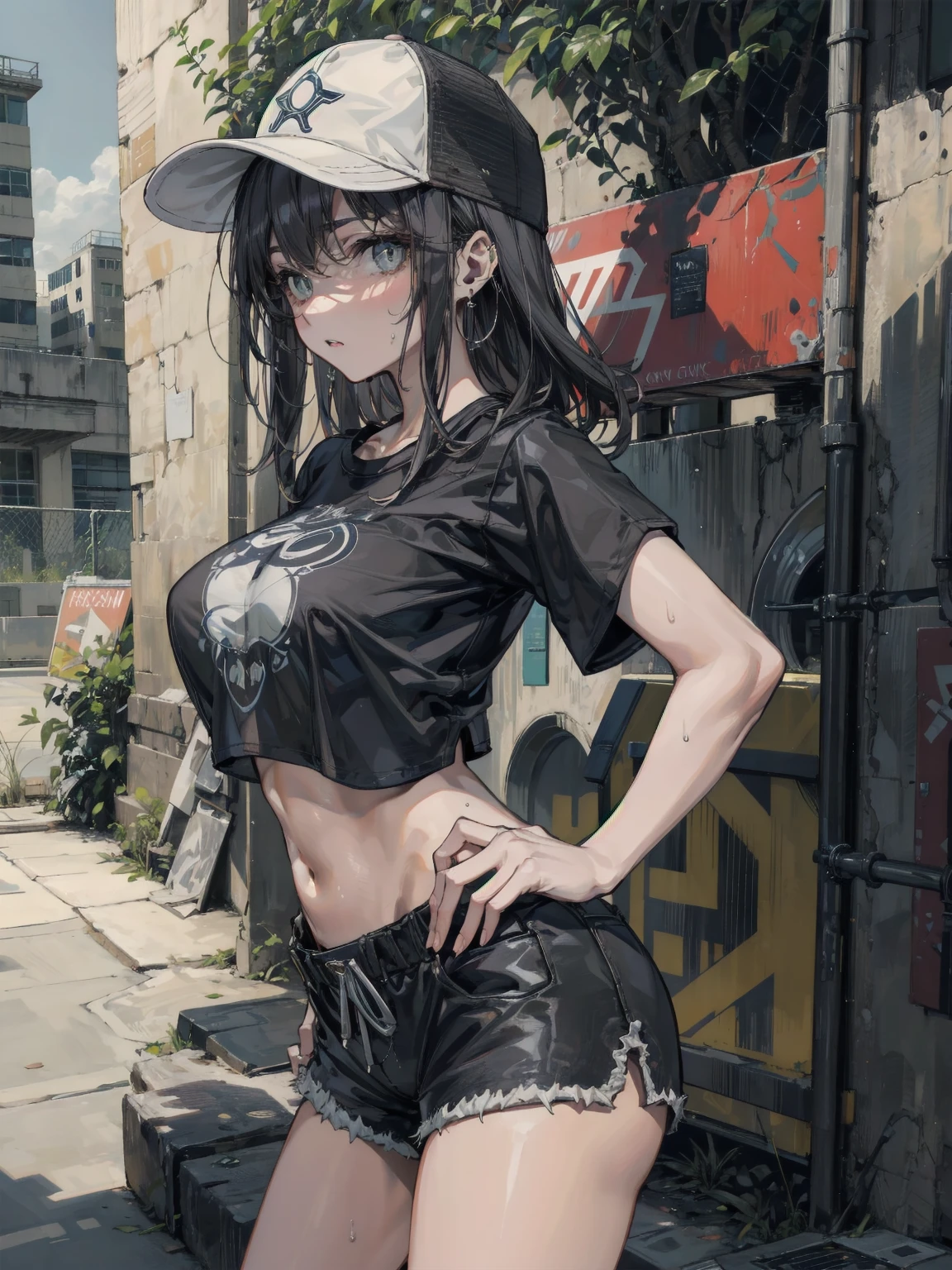girl similar to gorillaz noodle, black short hair ((drawing)), ((anime girl nose)) ,A very thin girl, with extremely pale skin, wearing a white Bucket Hat. She is dressed in a collarless white crop top, exposing the strap of her black bikini, black tight shorts, and brown boots. She stands next to a vintage green Vespa motorcycle, holding an empty bottle. The setting is an urban alley, decorated with vibrant street art and graffiti on the brick walls. The alley is dimly lit, casting dramatic shadows and enhancing the dystopian atmosphere.