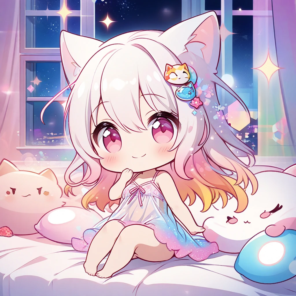 Lovely,kawaii girl,big yellow eyes,rosy cheeks, frilly socks,pastel dress,1:1 head to body, smiling happily, white hair, plain backdrop,Upper Body