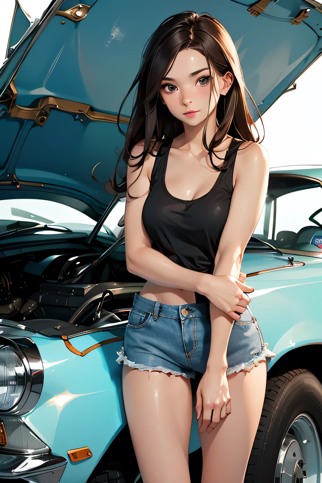 Beautiful brunette girl . She is 30 years old .black eyes . She opened the hood and is repairing the car . Dressed in denim shorts and a dirty tank top . She's covered in engine oil , dirty . in the hand, a wrench .