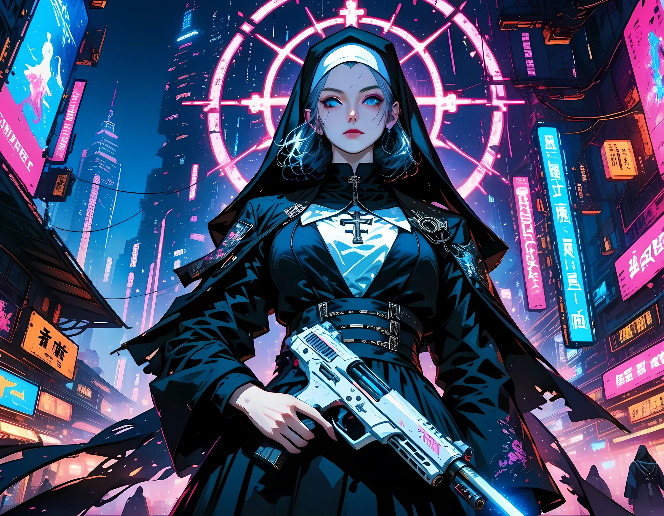 a picture of a sexy cyberpunk nun holding a blazing (cyberpunk gun: 1.2), epic beautiful human woman (best details, Masterpiece, best quality), ultra detailed face (best details, Masterpiece, best quality), black hair, blue eyes, pale skin, cyberpunk white nun habit, (best details, Masterpiece, best quality), cleavage, sexy nun habit, the gun has pink lights from it, full body shot, cyberpunk street background, RPG art, (best details, Masterpiece, best quality), Ultra-Wide Angle, high detail, award winning, best quality, HD, 16K, high details, best quality, highres, ultra wide angle, high details, best quality, Cinematic Shot, PASTELGOTH