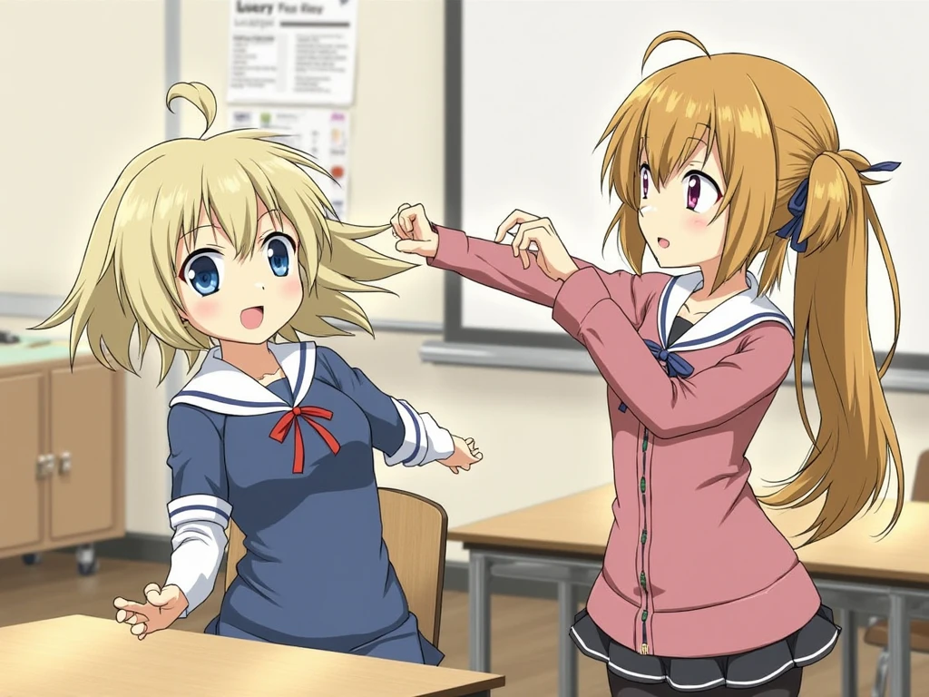 Highest quality,Highest quality,One Girl,10 years old,Mouth closed,orgasm,blush, Sweat,Nanoha Takamachi,Takamati Nanoha,Twin tails,Hair Ribbon,((One Piece Uniform:1.3)),classroom、White panties、Squat、Look at this、skirt