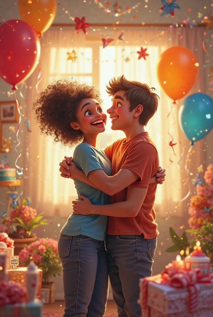 Estilo Disney Pixar, casal, homem negro e mulher branca, Woman with glasses wavy hair up to shoulder, Man with short curly hair without glasses, sorrindo, at a birthday party.
