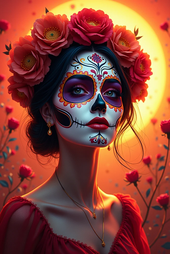 A (full body:1.3) shot at 8k resolution, splash art, fantastic comic book style, photorealistic, anatomical realistic digital painting portrait of a female latino (mexican muertos queen:1.3) in white (silk dress:1.1), (long curly red hair:1.1), (medieval town:1.3), light particle, analog, very detailed skin, very detailed eyes, (elden ring style:1.3), (warhammer style:1.1), concept artist, global illumination, depth of field, splash art, art by artgerm and greg rutkowski and viktoria gavrilenko