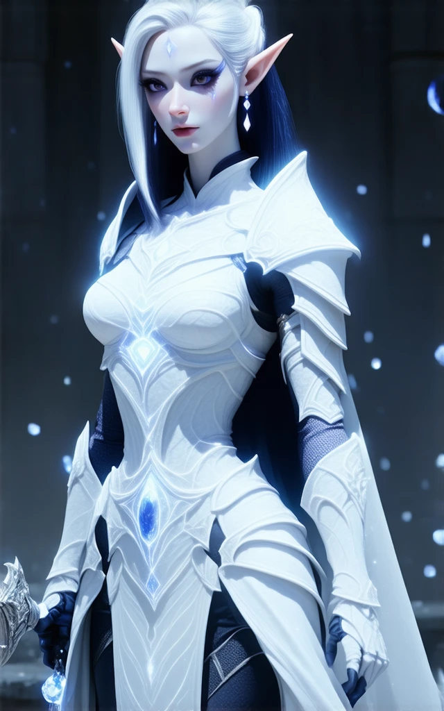 super villain, evil, teenage,, with black hair and blue eyes, detailed face, small breasts, angelical face, cleavage, small breasts, teen (1.3), white, dress with cape, desing with christian cross , ice power, background in snow