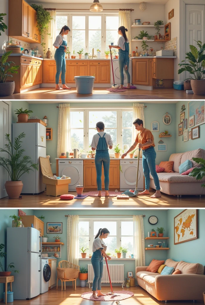 A woman dressed in green sweeps the floor with a broom,A woman dressed in green sprays disinfectant water,Modern apartment inside,Clean the floor,((Green clothes)),Cartoony,inside in room,adolable,illustratio,Maximalism,Vector illustration