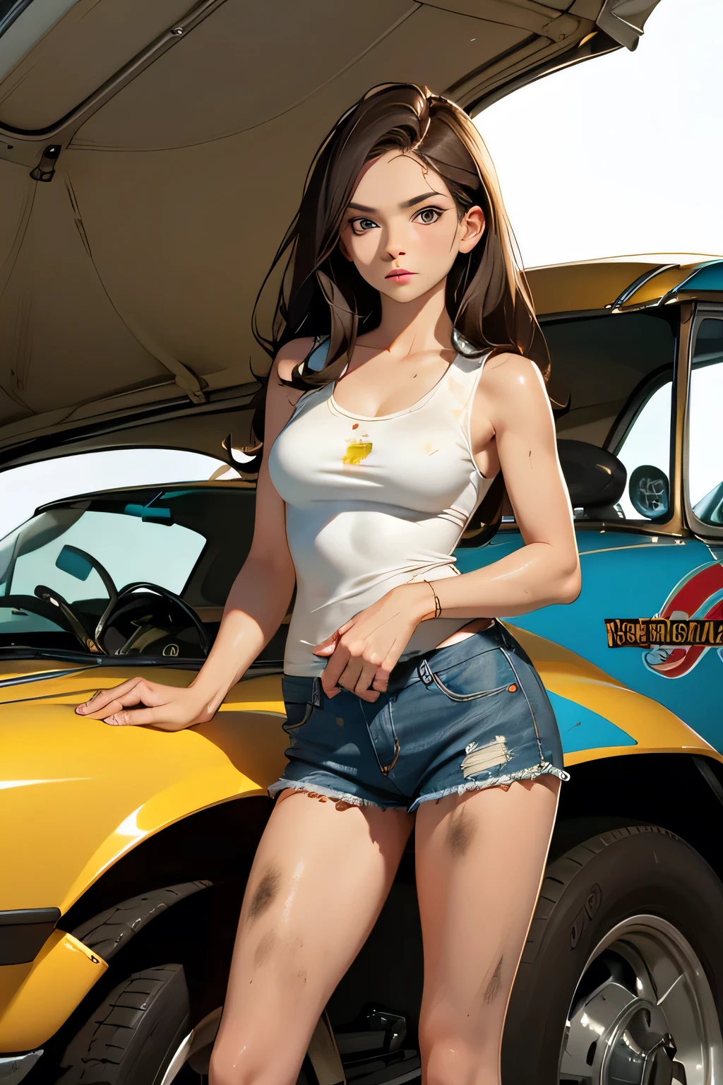 Beautiful brunette girl . She is 30 years old .black eyes . She opened the hood and is repairing the car . Dressed in denim shorts and a dirty tank top . She's covered in engine oil , dirty . in the hand, a wrench .