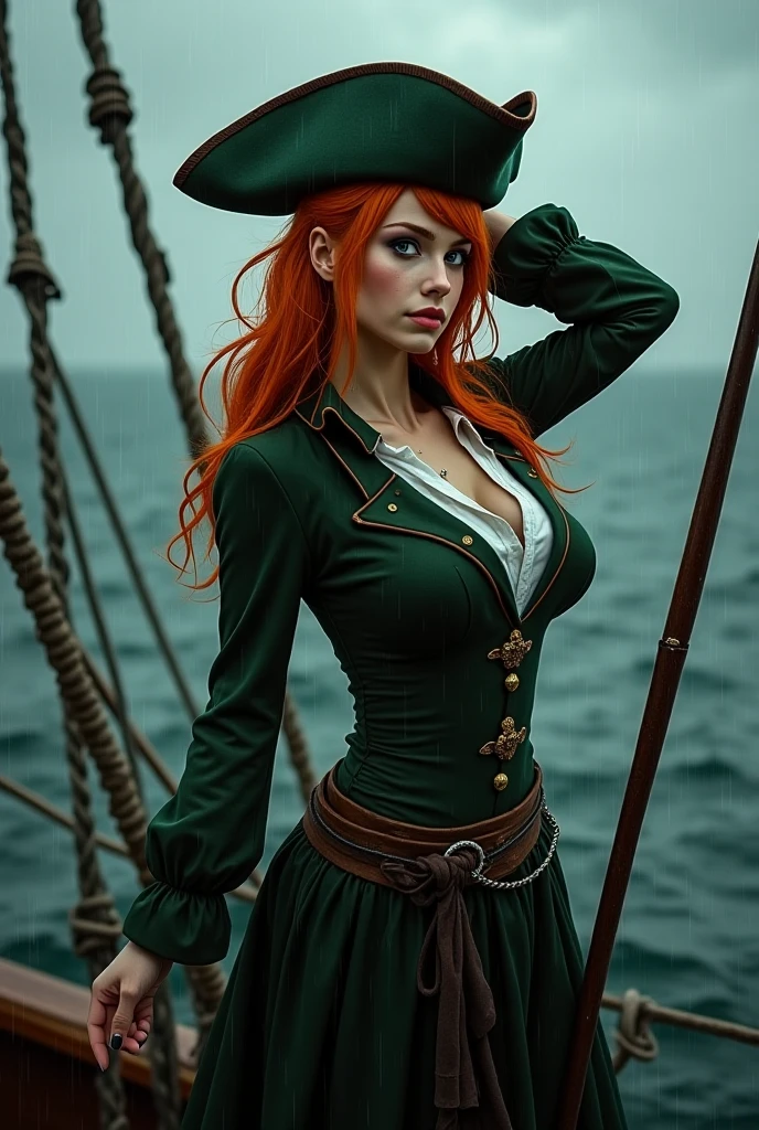 Miss Fortuna, ruiva vestindo roupas de pirata do jogo, Female pirate, Habilidade tradicional do jogo League of Legends, aponteo-lhe duas armas "choque" e "pavor", redhead, Meio Corpo, corpo, pele altamente detalhada, skin pores, linha costeira, tempo nublado, vento, Ondas, 8k UHD, DSLR, soft lighting, alta qualidade, filmic grain, Fujifilm XT3, master part, master part, , (High detail:  1 1), rough face, pele natural, alta qualidade, NSFW, Olhos bonitos, (rosto e olhos detalhados), (rosto: 1 2), noise, extra, foto real, .PSD, lamp film photography, foco nítido, contrast lighting, pele detalhada, high res 8k, Realistic, fotografia profissional, 8k UHD, , soft lighting, alta qualidade, filmic grain, Fujifilm XT3, DDIM , sem imoralidade,  sem sensualidade