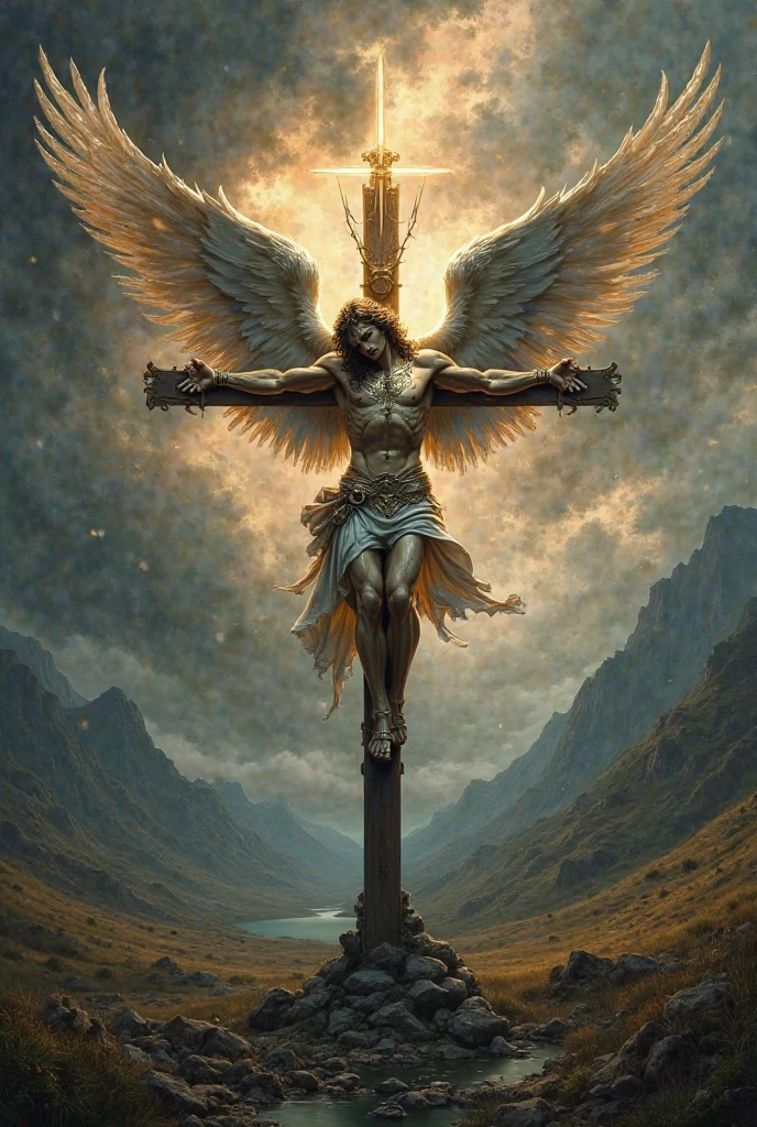 fallen angel chained in a cross, but only in torso and the hands and behing the cross; front view, face full of rage and looking to us with bright eyes; beautiful man; caravaggio oil painting; realism; mid lenght hair; background with a lot of detail; inferior half body destroyed with legs destroyed; and blood; show hands becomings into fangs, and arms downs; the cross in stone with some ornament; show bull body and a bigger backgroun with a lot of cross's in land; the body in the cross some meters above the land; depressed; broken wing in the floor
