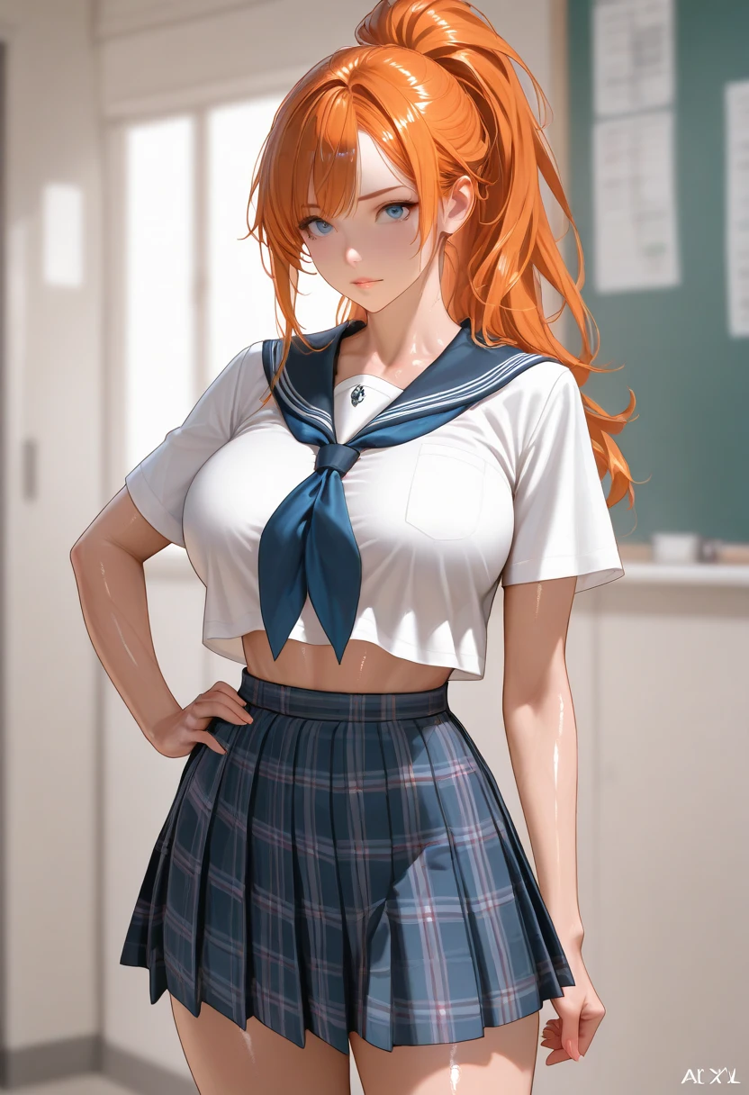 8k,masterpiece, bset quality,big, (1 girl), Kim Possible, green_eyes, orange hair, long hair, professional lighting, (shiny skin: 1.2), shiny big, ((best quality)), sharp focus: 1.2, highly detailed face and skin texture, detailed eyes, perfect face, perfect body, blur art, cg, background, Big breasts, presence (20yo, mature cool and beautiful face), wearing ((blue skirt), white taut shirt, thilush, (mittgal), random pose, top view, perfect eye, angry face