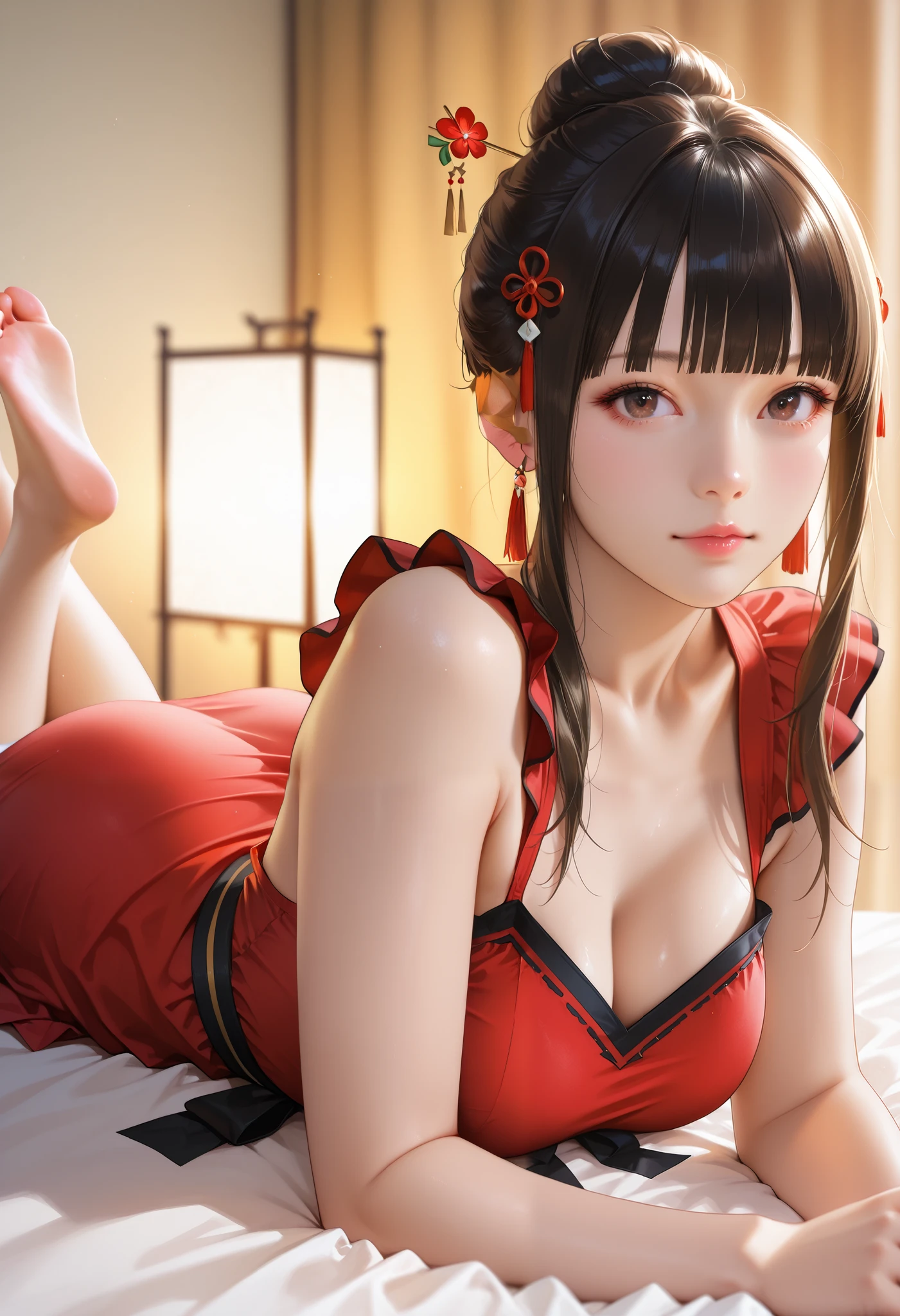 (tmasterpiece), (Best quality at best), (A high resolution), (Beautiful eyes and face), (perfect women figure), Realist, Glowing and radiant skin, Extremely detailed eyes and face, (highdetailskin:1.2), (beautidful eyes:1.2), SFW, (Huge :1 4,),
1 busty ginly, navel, upper legs, Eternal, arms greeting audience, The gap between the thighs, ((The face is red)), They're smiling, close your mouth, Open lips, looking at viewert, kasumi , perspired, drops of sweat, pullover, Wet, Elongated, long whitr hair, Loose hair, Mini 比基尼 on top of bed, is a perfect face, cosmetics, perfect eyes, tmasterpiece, Open lips, The face is red, Glowing and radiant skin, drunk face, demonic smile, Drenched, super huge breasts,比基尼, i 比基尼,flowers,pantyhose,比基尼,Lying