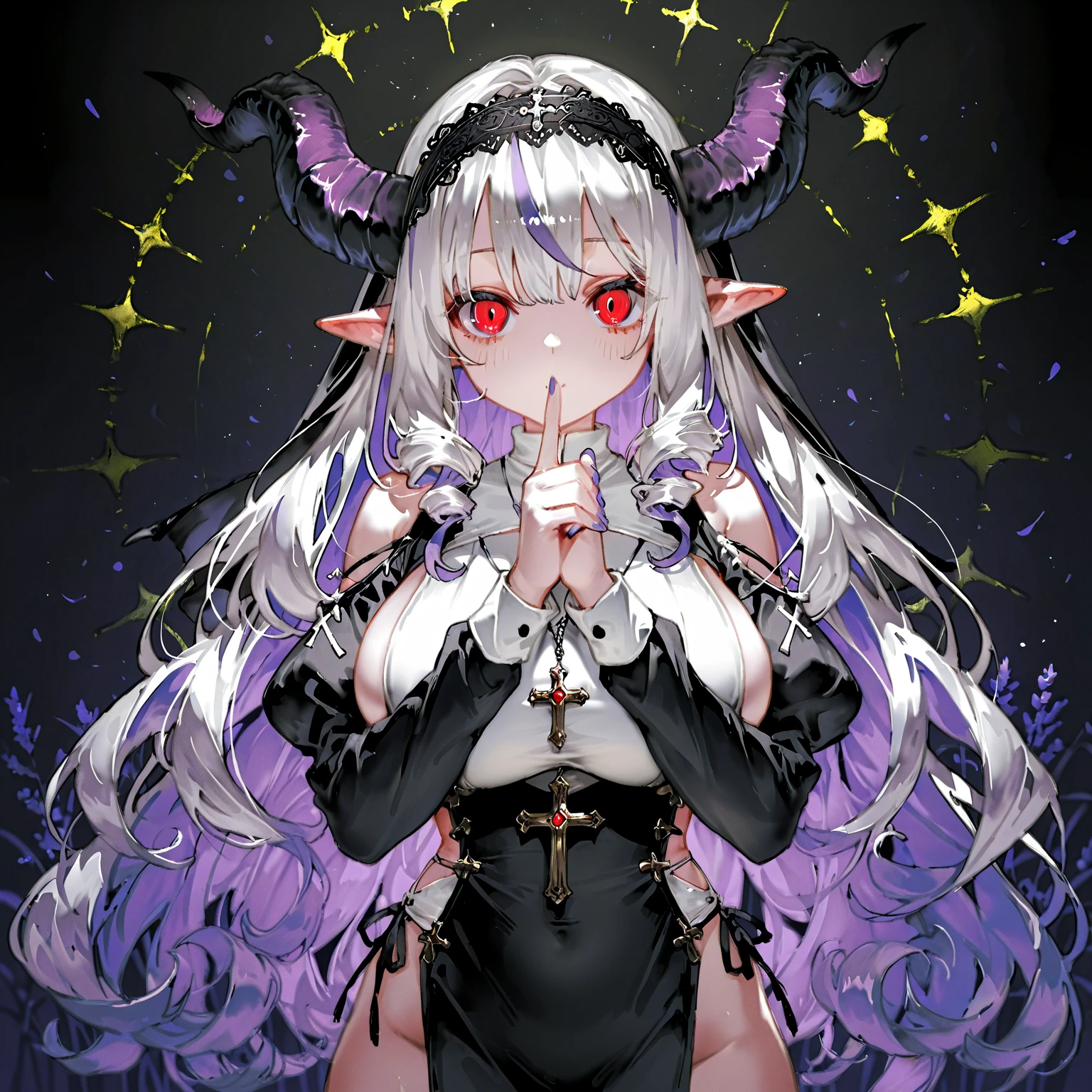 Looking into the camera, the elf girl, wearing a dark dress and outfit, Red eyes, big sweet smile, long white hair tied up, fair skin, wearing a pink gem necklace, wearing black stockings on her hands, wearing a black headband, curvy body posture, low quality, age 18 years, nsfw, naughty, porn