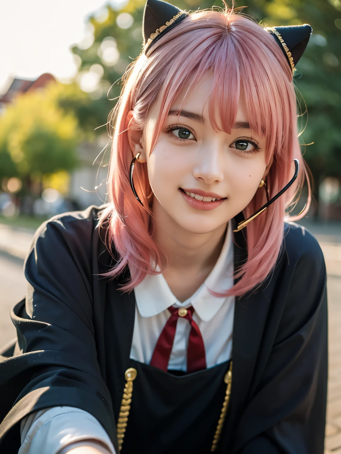 1girl, Alone, (cute Japanese girl), 18yo, Young female, slim body, (smile:1.2), Looking at camera, ,open mouth,upper teeth only,
break
upper body,
break
Professional photo-realistic images, (16k, RAW photo, best quality, masterpiece:1.2), (realistic, photo-realistic:1.4), (extremely detailed 8k wallpaper), sharp focus, depth of field, blur background, bokeh, cinematic lighting, soft light, High resolution 16k close-up of human skin,
break
perfectly round breasts,
break
Anya Forger, Anya, SPY X FAMILY
break
ahoge, medium hair, (pink hair), cone hair bun, hairpods, hair ornament, bangs, green eyes,
break
eden academy school uniform,
neck ribbon, red ribbon, wing collar, collared shirt, white shirt, black dress, long sleeves, gold trim, black socks, mary janes,
break
Old town in Germany, Nuremberg