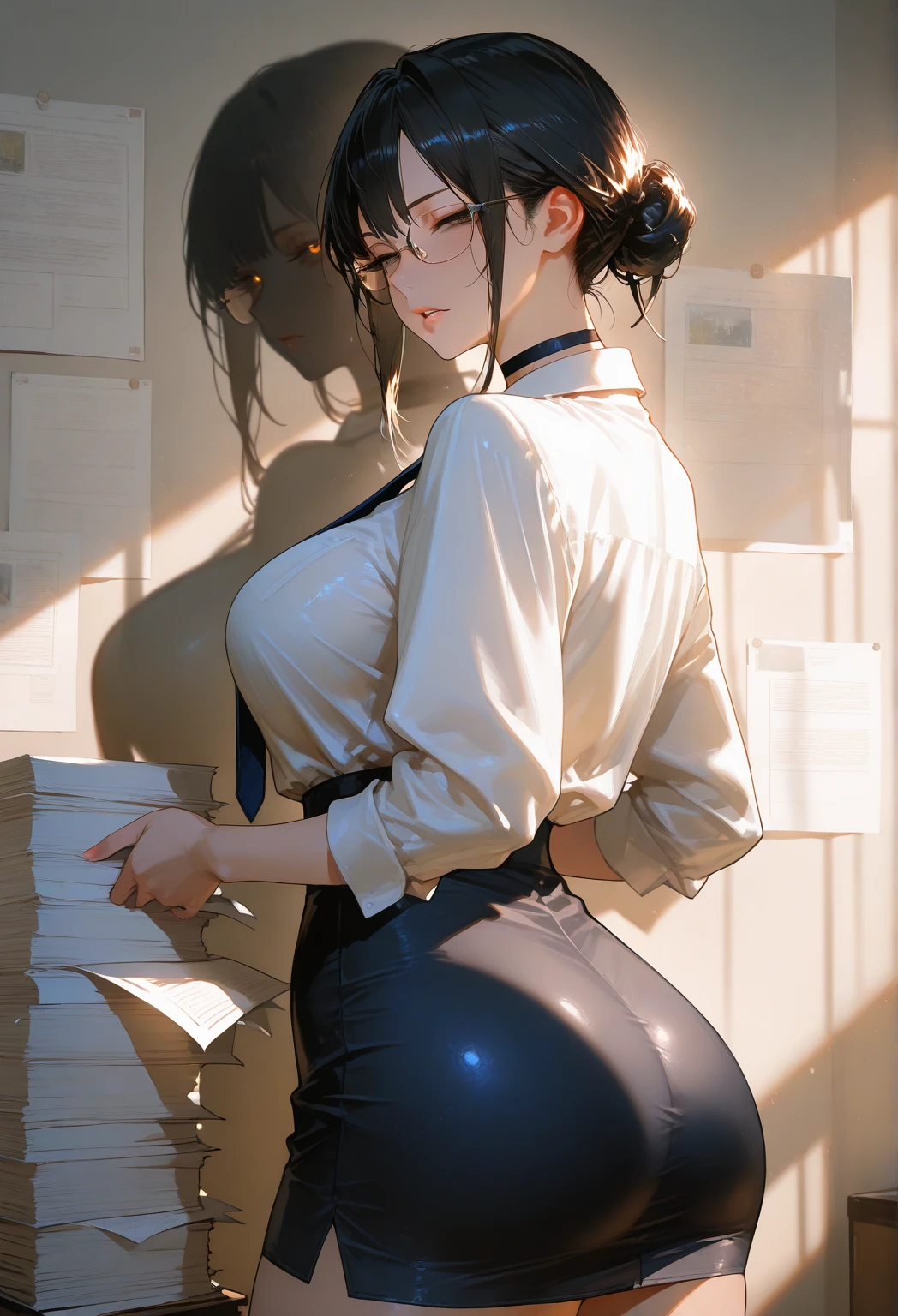 masterpiece, best quality, ultra detailed, dynamic angle, looking at viewer, watercolor and oil painting fusion, hot black artwork, white line art, beautiful woman, 1 woman, older woman, beauty, perfect anatomy, perfect eyes, perfect fingers, perfect hands, anime girl, secretary, sexy short dress, glasses, tight, ass, breast, thighs, black hair, siren black eyes, seductive smile, office background, soft, seductive, hot, spicy,