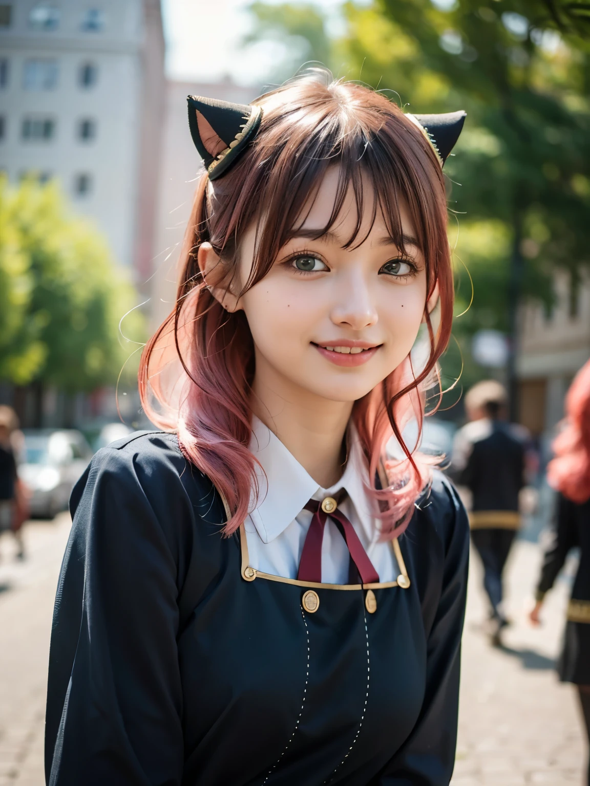 1girl, Alone, (cute Japanese girl), 18yo, Young female, slim body, (smile:1.2), Looking at camera, ,open mouth,upper teeth only,
break
upper body,
break
Professional photo-realistic images, (16k, RAW photo, best quality, masterpiece:1.2), (realistic, photo-realistic:1.4), (extremely detailed 8k wallpaper), sharp focus, depth of field, blur background, bokeh, cinematic lighting, soft light, High resolution 16k close-up of human skin,
break
perfectly round breasts, 
break
Anya Forger, Anya, SPY X FAMILY
break
ahoge, medium hair, (pink hair), cone hair bun, hairpods, hair ornament, bangs, green eyes, 
break
eden academy school uniform,
neck ribbon, red ribbon, wing collar, collared shirt, white shirt, black dress, long sleeves, gold trim, black socks, mary janes,
break
Old town in Germany, Nuremberg