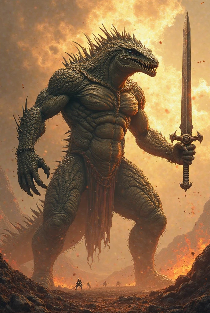 a female anthropomorphic godzilla,humanoid godzilla,beautiful detailed eyes,beautiful detailed lips,extremely detailed face and body,long eyelashes,elegant pose,Nude,holding a sword,floating in the air,detailed texture scales,cinematic lighting,dramatic atmosphere,vibrant colors,detailed 3d render,octane render,concept art style,fantasy art