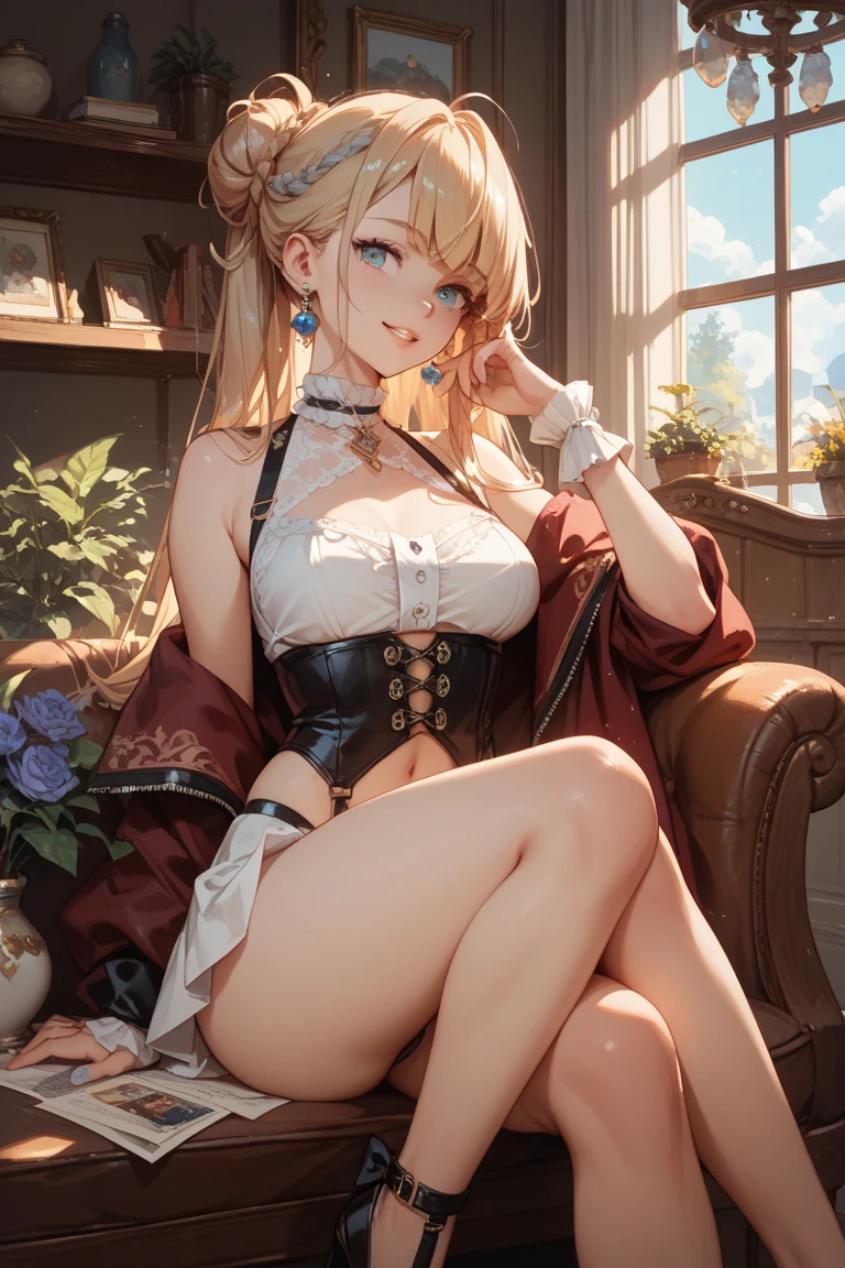 Dynamic posing, dynamic angle, Arrange pose,Top quality work，Show Legs，((short wavy Creamy Golden Blonde hair)),(Creamy Blonde hair),(short hair),(wavy hair),(golden eyes), lovely red lips, Rose cheeks, Pretty Face, A perfectly proportioned face, (home clothes),  white stockings，in her room，full-body view， amazing, Large round chest、Beautiful eye details、Beautiful eyelashes、beautiful double eyelid,  with blush cheeks, talking to viewer