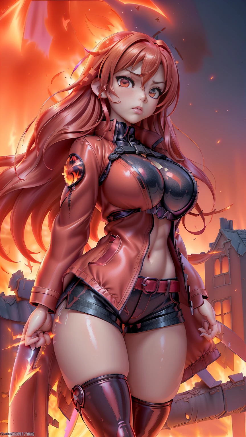 Ultra-realistic rendering, hyper-detailed, cinematic lighting, 8K resolution, photorealistic textures, vivid colors, professional artwork, source_anime. (((Shana from Shakugan no Shana, a fierce Flame Haze with long, flaming red hair glowing like embers, cascading wildly over her shoulders, her blazing crimson eyes piercing through, radiating her title ‘Blazing-Eyed Slayer,’ a few strands framing her sharp, defiant face))). (((Her body is sculpted with an hourglass figure, featuring very big breasts subtly outlined beneath her tight coat, and a very big, rounded ass accentuated by her stance, skin glossy with mystical oil, shimmering with an ethereal sheen))). ((Her crimson eyes flare with stern resolve and hidden warmth, lips set in a pouty frown, exuding fiery determination)). ((She stands atop a shattered rooftop, one leg forward, gripping her iconic katana Nietono no Shana aloft, flames licking the blade, wind tousling her coat dramatically)). (A twilight cityscape ablaze with red hues, crumbling buildings, glowing embers floating, a tense, mystical air). (She wears her standard black Yogasa coat, open to reveal a red-trimmed tunic, paired with shorts and boots, katana gleaming at her side).