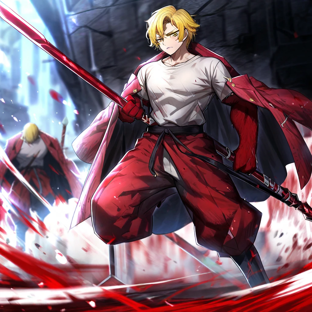 Solo character, full body version, old man, red eyes, blonde hair, long Curly hairstyle, casual clothing, topless, boots, muscle, detailed shadow, (death note style art), indoor room cathedral, dark, darkness room, angry eyes, very angry, red glowing eyes, shotgun in hand, smoke effect, fire, blood, glow effect, lighting, moon, Moonlight standing gesture, tatto body, 