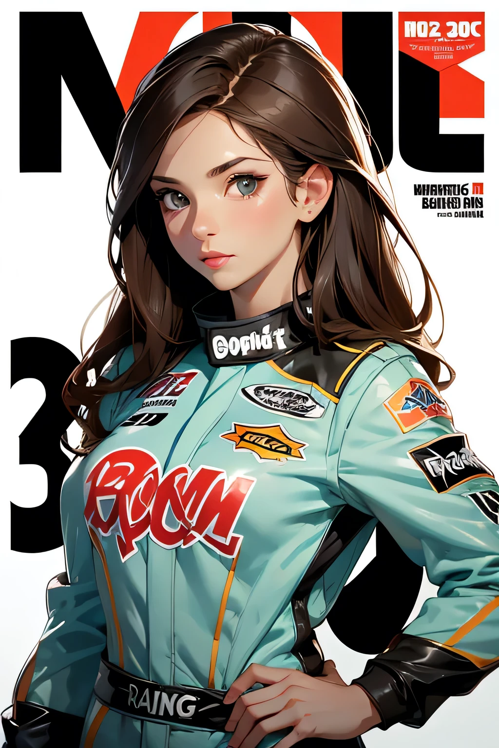 Racing magazine cover . Beautiful brunette girl . She is 30 years old .black eyes . She's wearing a racing suit . She won the .