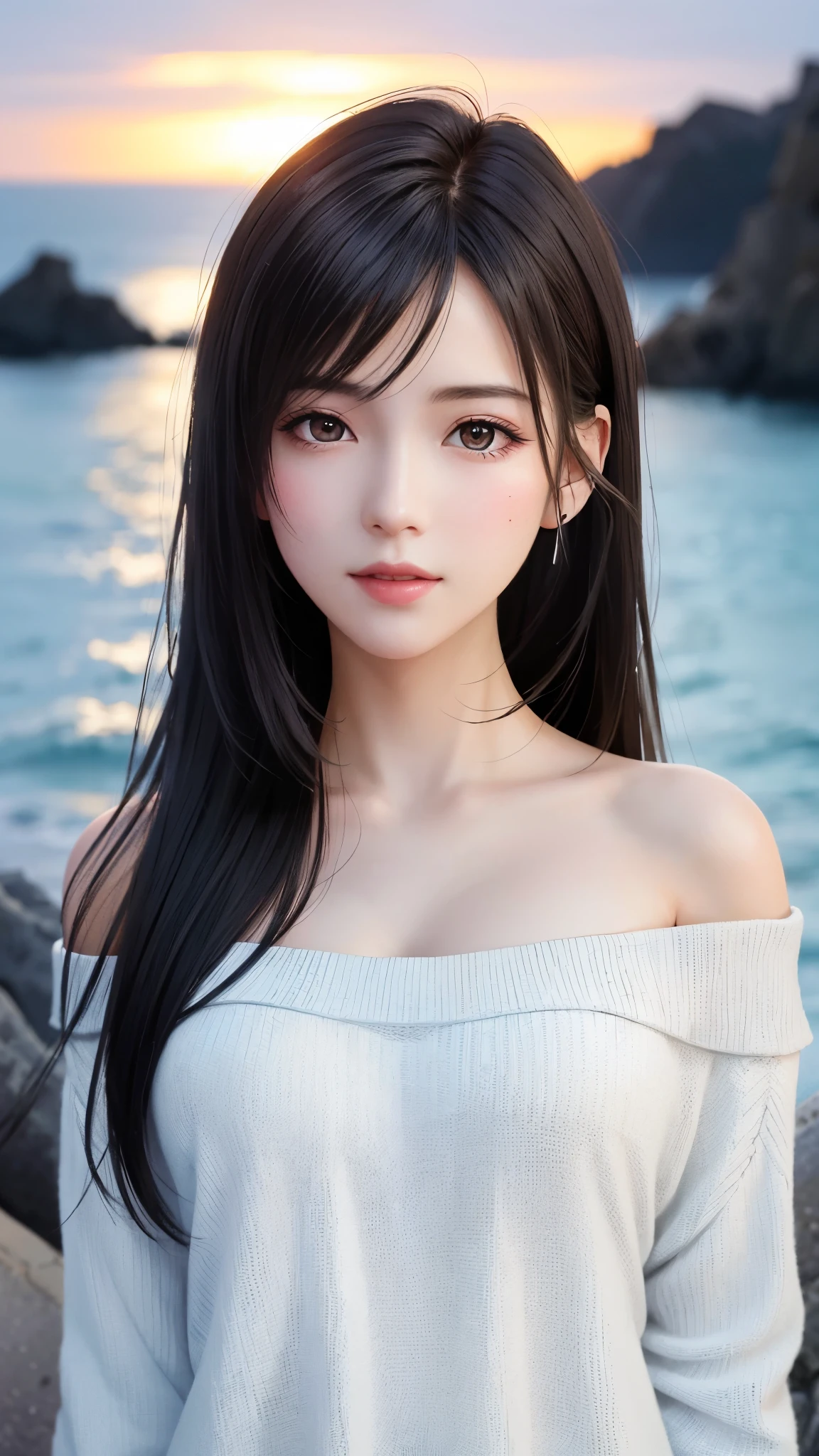 {Top Quality, Masterpiece}, (Realistic: 1.3), Wallpapers, ultra high res, ultra high quality, BREAK {{{FF7,Tifa_lockhart, solo}}},{Ultra-detailed face, Detailed Red eyes},(black Brown Hair, Large breasts: 1.0),(Imaginative Macanese Female Page, background is Unique seaside, at Sunrise), BREAK {wearing oversized loose sweater, Exquisite cloth, white Clothes}, clothed, (No Bra) ,(shiny oiled skin: 1.1), about 18 years old, BREAK {smile, kawaii},{{model pose}}