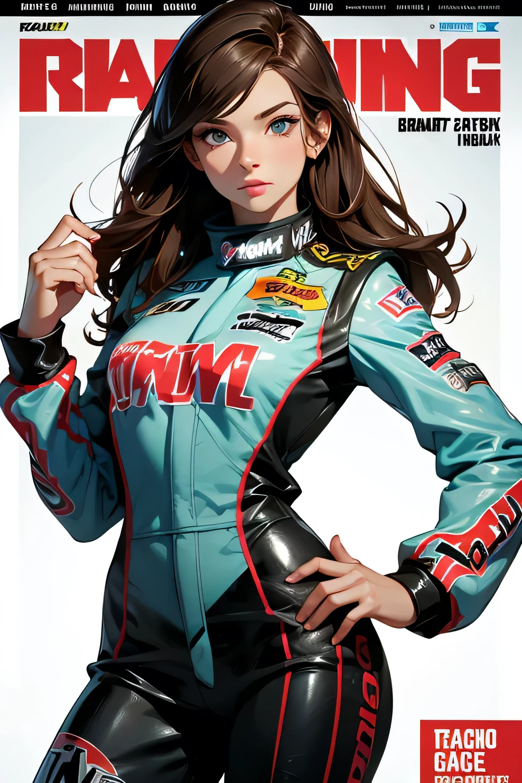 Racing magazine cover . Beautiful brunette girl . She is 30 years old .black eyes . She's wearing a racing suit . She won the .