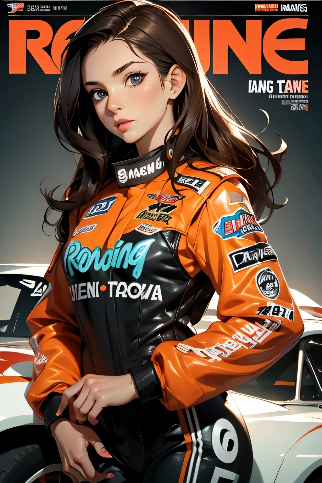 Racing magazine cover . Beautiful brunette girl . She is 30 years old .black eyes . She's wearing a racing suit . She won the .